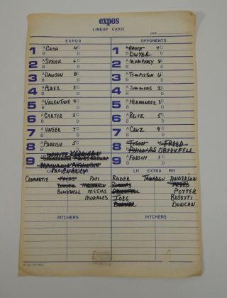 1977 St.  Louis Cardinals At Montreal Expos Game Line Up Card 9/27 Dawson Rc