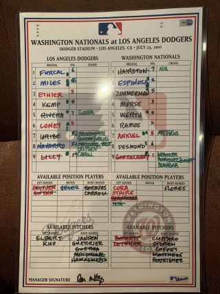 Los Angeles Dodgers Game And Signed Line Up Card Signed By Don Mattingly