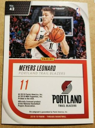 2018 - 19 Panini Threads / Signage - Meyers Leonard - Blazers Miami Heat - AUTO 2