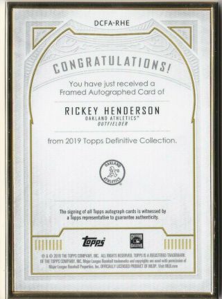Rickey Henderson 2019 Topps Definitive Gold Frame 10/15 Auto Athletics A ' s 2