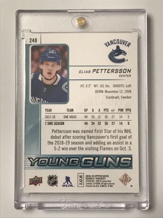 18 - 19 UD Series 1 248 Elias Pettersson Young Guns Rookie Card 2