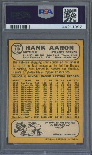 1968 Topps 110 Hank Aaron Atlanta Braves HOF PSA 9 