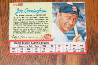 Joe Cunningham Signed Autographed 1962 Post Cereal Card 160 St Louis Cardinals