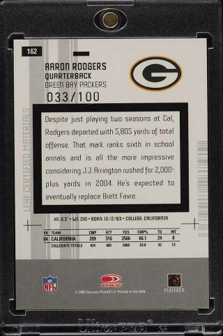 2005 Leaf Certified Generation Mirror Red Aaron Rodgers ROOKIE /100 (PWCC) 2