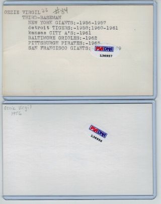 (2) OZZIE VIRGIL SR INDEX CARD SIGNED 1956 - 69 GIANTS TIGERS PSA/DNA CERTIFIED 2
