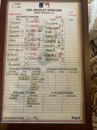 Dodgers Spring Training Game Line Up Card 3/6/11.  Don Mattingly Signed Auto