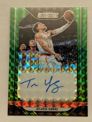2018 - 19 Panini Prizm Mosaic Trae Young Green Parallel Rookie Auto 1/5 Hawks