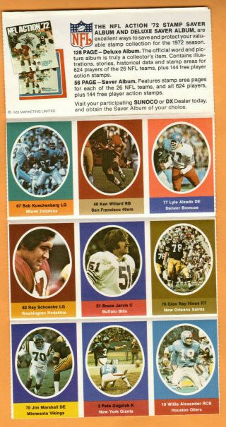 1972 Sunoco Nfl Action Stamps - 9 Stamp Sheet - Lyle Alzado Rc,  Jim Marshall,