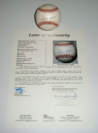 Brewers Hank Aaron Signed Nl Baseball Jsa Loa Hofer Auto Autographed Milwaukee