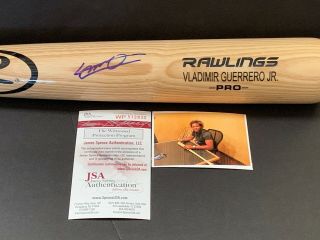 Vladimir Guerrero Jr Blue Jays Signed Engraved Bat Jsa Witness Blonde 2a