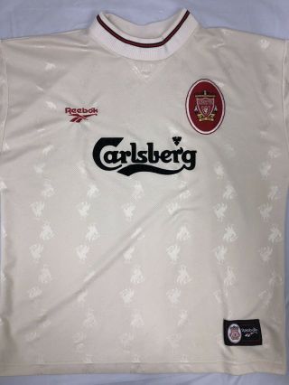 Liverpool Football Shirt 1996 - 97 Reebok Cream Soccer Jersey Carlsberg Size L