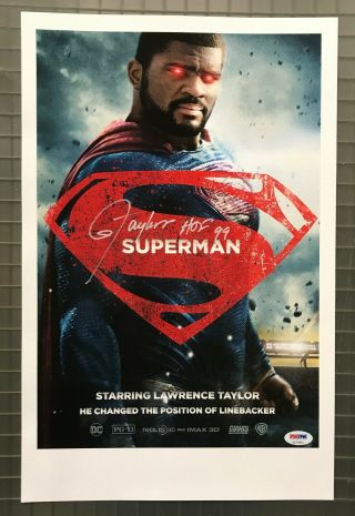Lawrence Taylor " Hof 1999 " Signed 11x17 Superman Poster Psa/dna Sticker Only