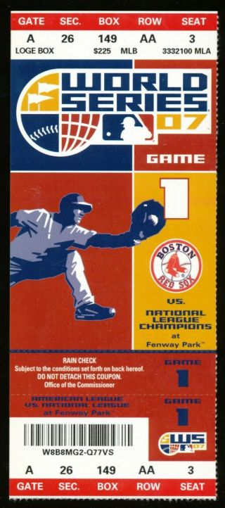 2007 World Series Red Sox Vs Colorado Game 1 Full Ticket Oct,  24 Fenway Park Pl