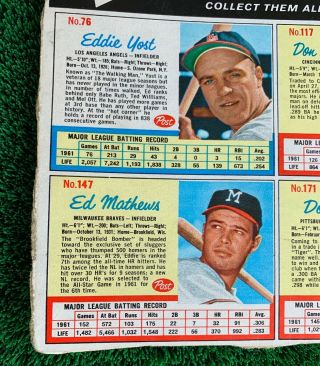 1962 Post Cereal Uncut Sheet Of 6 Trading Cards Ed Mathews Clete Boyer Ed Yost 6