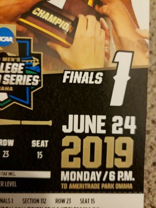 2019 College World Series Ticket Stub Finals G1 Michigan vs Vanderbilt,  photo 8