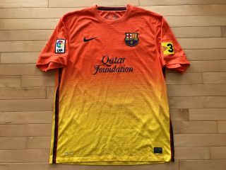 Nike Fc Barcelona Away Jersey Mens 12/13 Sz Large Qatar Foundation Orange