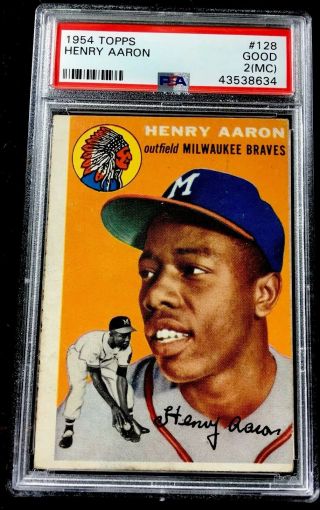 1954 Topps 128 Henry Aaron Rookie Card Psa Good 2 (mc) Hof Braves