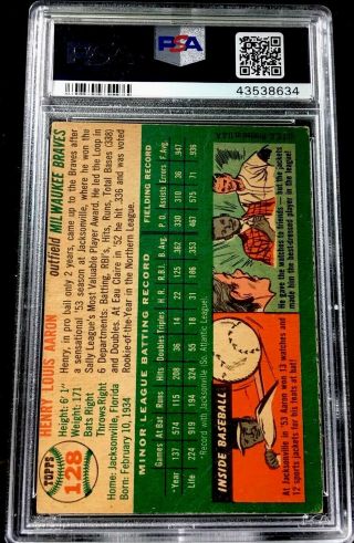 1954 TOPPS 128 HENRY AARON ROOKIE CARD PSA GOOD 2 (mc) HOF BRAVES 2