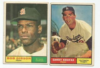 1961 Topps 344 Sandy Koufax - Dodgers & 211 Bob Gibson - Cards Hofers