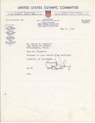Avery Brundage (d.  1975) Ioc President Olympics Signed Autographed 1949 Letter