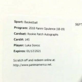 2018 - 19 Panini Opulence Luka Doncic Rookie Patch Autograph /79 Dallas Mavericks
