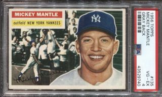 1956 Topps Baseball 135 Mickey Mantle Gray Back Psa 4 Vg - Ex Yankees Centered