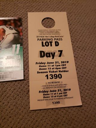 4 2019 College World Series Ticket Stubs Gm 11 Michigan vs Texas Tech,  park pass 4