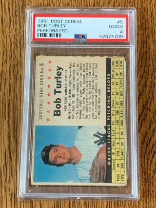 1961 Post Cereal 5 Bob Turley Perforated - Psa 2