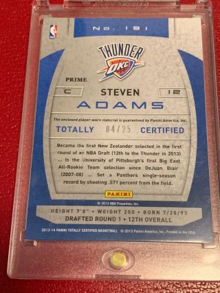 STEVEN ADAMS 2013 - 14 PANINI TOTALLY CERTIFIED ROOKIE CARD 9 Patch 3 color 4/25 2