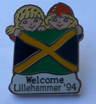 Lillehammer Winter Olympics Norway 1994 Mascots Holding Flag Pin Jamaica