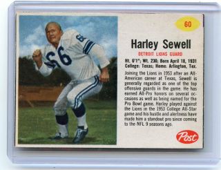 1962 Post Cereal Football 60 Harley Sewell,  Detroit Lions,  Texas,  090217