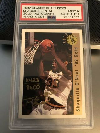 1992 Classic Draft Picks Shaquille O’neal Auto Rookie Gold Ink Rc /8500 Psa 9