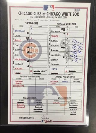 Chicago Cubs 2014 Game Line - Up Scorecard White Sox Jose Abreu Rc Autograph