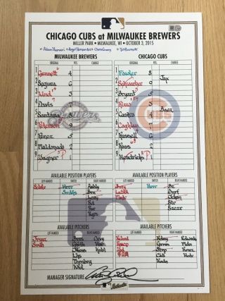 Chicago Cubs 2015 Game Line - Up Scorecard Milwaukee Brewers Baez Bryant Ross
