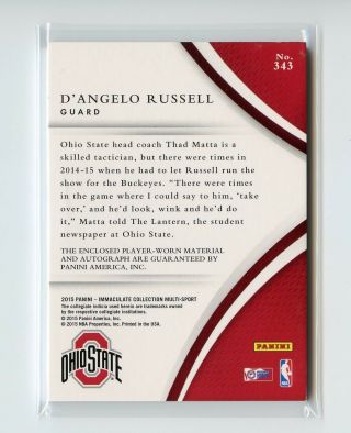 D’Angelo Russell RC 2015 - 16 Panini Immaculate Auto Autograph Patch SP 58/99 OSU 2