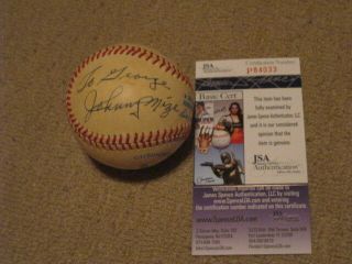 Johnny Mize Autographed Baseball " To George " Jsa Certified