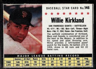 1961 Post Cereal Baseball San Francisco Giants Willie Kirkland Card 146 Ex - Mt Sp