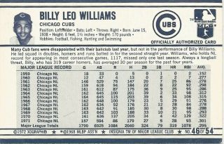 1972 Kellogg ' s Baseball Error Set Break 46a Billy Williams Missed only one Cubs 2