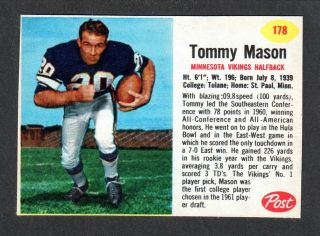 1962 Post Cereal Football 178 Tommy Mason Tulane Minnesota Vikings Ex - Mt B