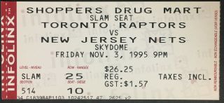 Toronto Raptors First Game Ticket 11/3/1995 Nba Basketball Skydome Jersey