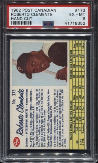 1962 Post Cereal Canadian 173 Roberto Clemente Psa 6 Pittsburgh Pirates Ioua