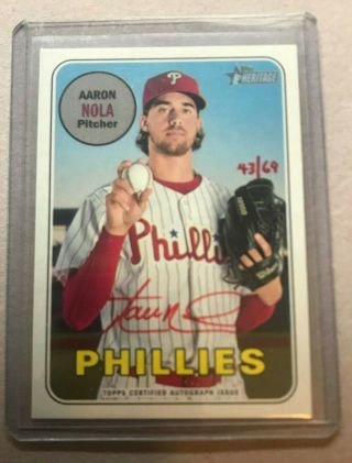 Aaron Nola 2018 Topps Heritage High Number Real One Red Ink Auto /69 Phillies