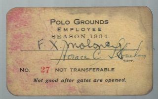 1934 Polo Grounds (ny Giants - Baseball & Football) Employee Season Pass