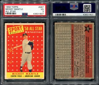 1958 Topps 487 Mickey Mantle All Star Psa 3 (1607)