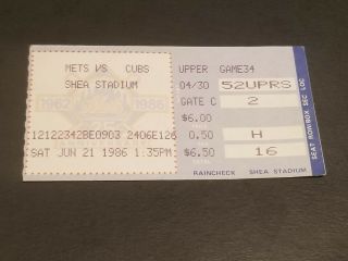 Ticket Stub June 21 1986 York Mets Vs Chicago Cubs Shea