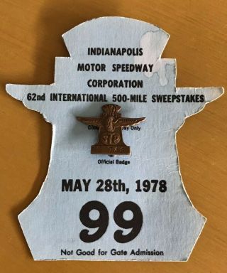 1978 Indianapolis 500 Motor Speedway Pit Pass Pin Badge Indy On Card Corvette