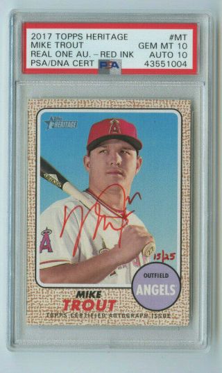2017 Topps Heritage Red Autograph Card Mike Trout Angels 15/25 Graded 10