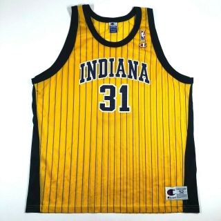 Champion Reggie Miller Indiana Pacers Yellow Pinstripe Jersey Size 52 Vtg 90s