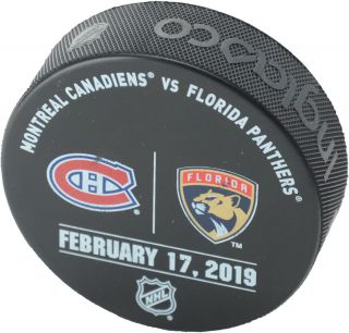 Florida Panthers Game - Issued Warm - Up Puck Vs Montreal Canadiens On 2/17/19