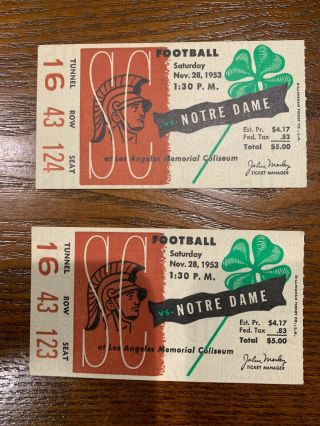 1953 Usc Vs Notre Dame Football Ticket Stubs (2) Notre Dame 48 - 14